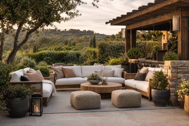 Outdoor Cushion Ideas: Weather-Resistant Comfort That Still Looks Good shown as a photorealistic outdoor redesign with layered materials, planting, lighting, and clear circulation
