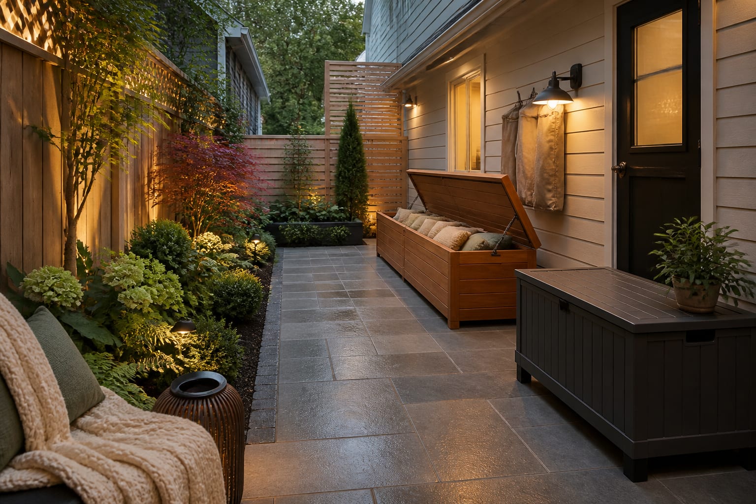 Same patio with a vented storage bench keeping cushions dry and the walkway clear after redesign