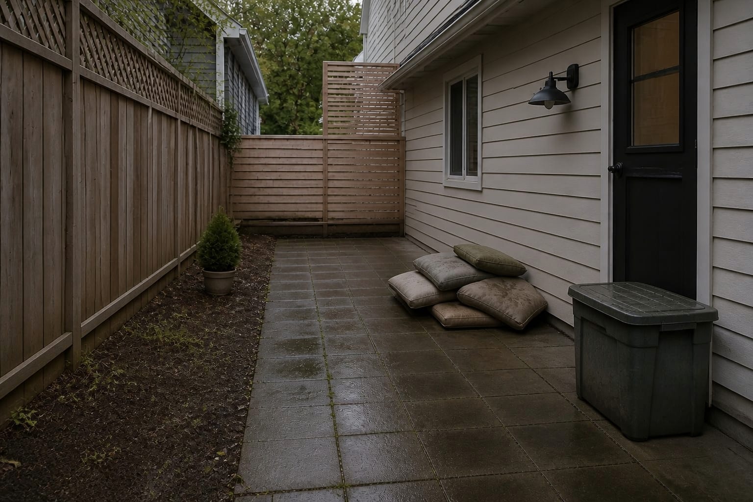 Patio with damp cushions piled on wet ground and a sealed bin growing mildew before redesign