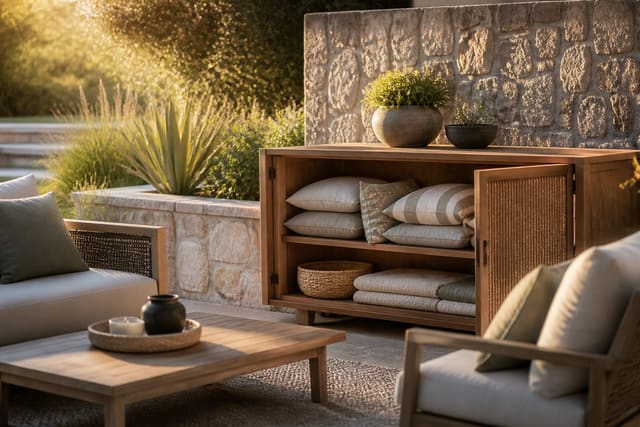 Editorial outdoor residential space illustrating outdoor cushion and throw storage: keeping outdoor textiles organized with warm natural light, realistic planting, hardscape, and furniture scale