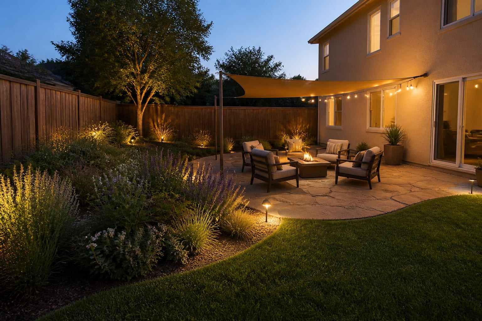 The same backyard redesigned with a planted bed, gravel seating area, and a fire table