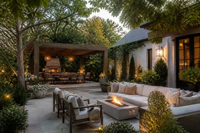 Outdoor Design Trends 2026: Backyard and Garden Directions, shown as warm editorial outdoor Re-Design photography with believable residential scale, no overlaid text, no watermark