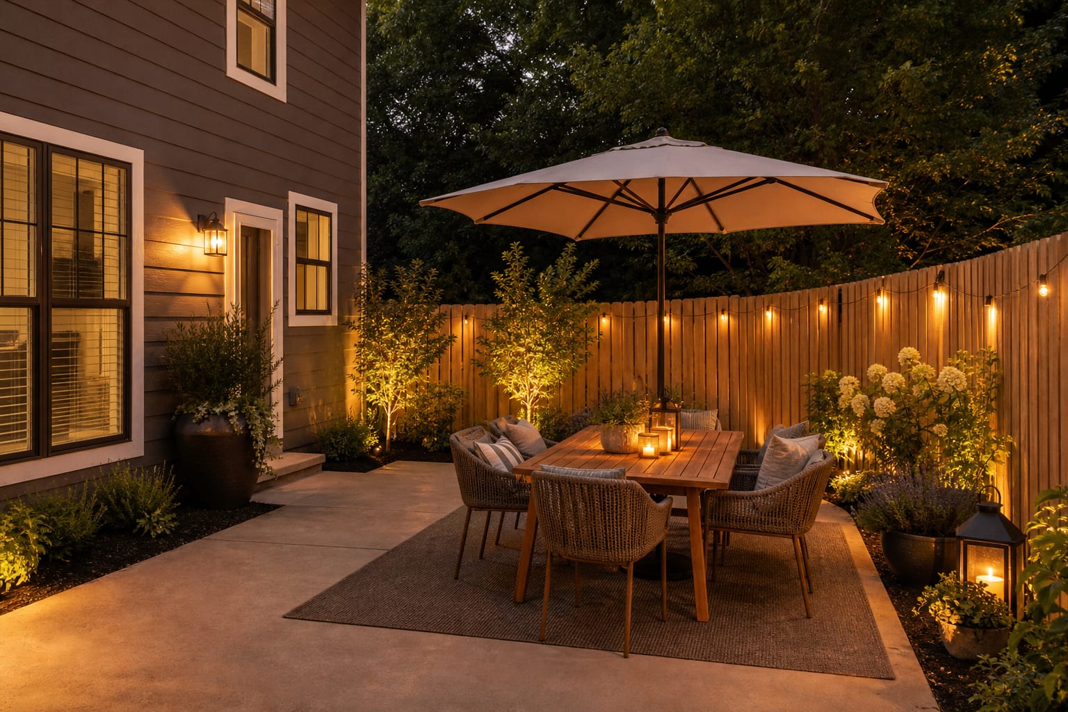 Same patio corner redesigned with a larger wood dining table, umbrella shade, planters, warm lights, and clear chair circulation.