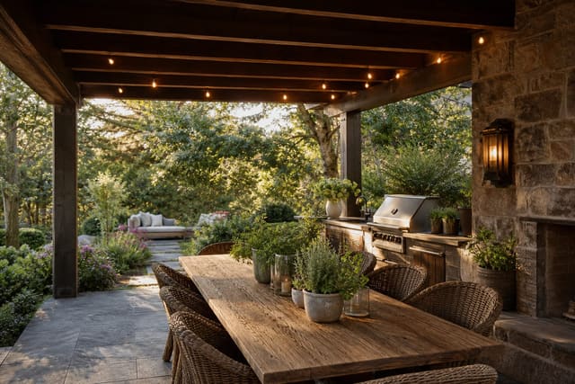 covered patio dining area with a long wood table, woven chairs, potted herbs, and warm string lighting