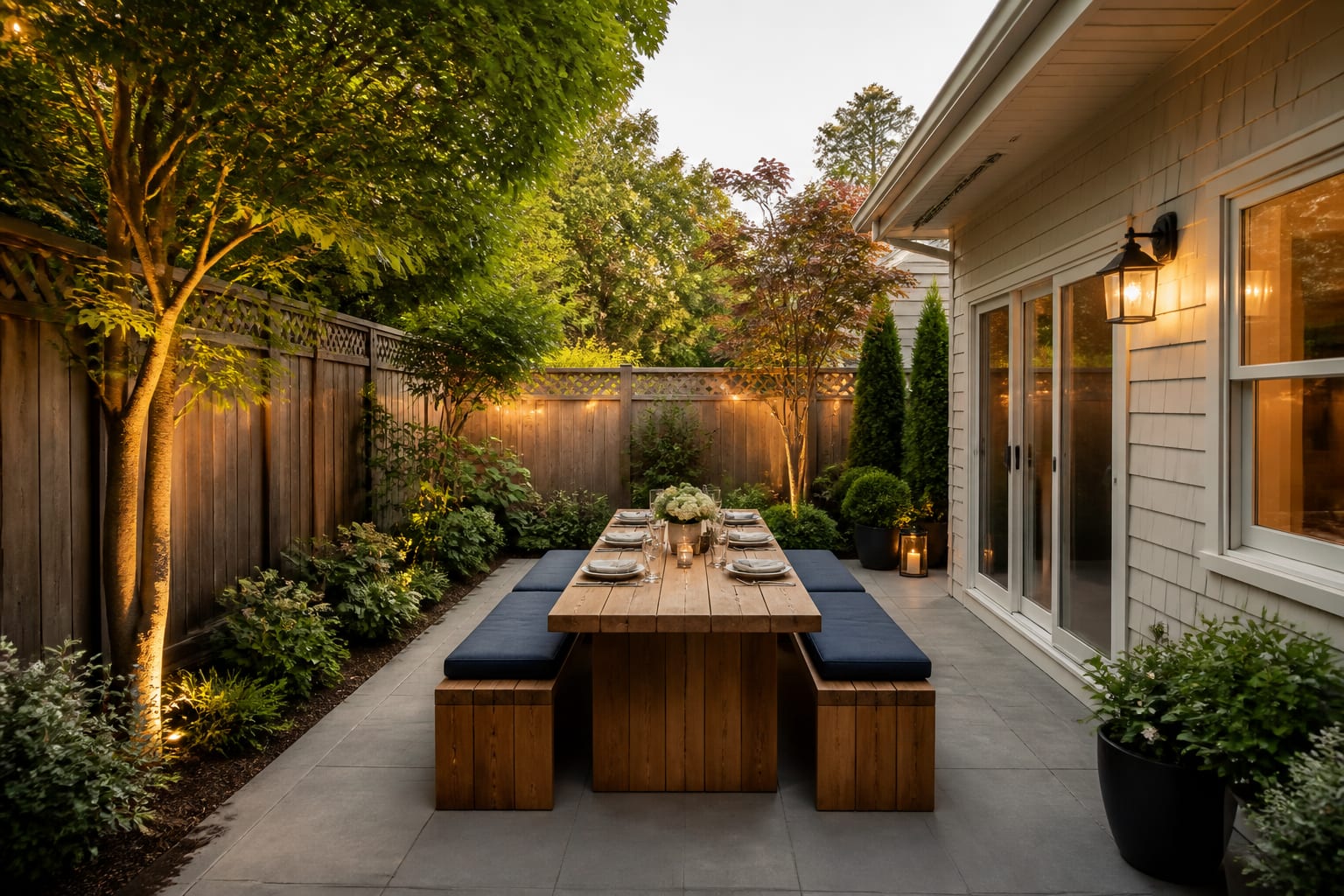 Same patio with a long farmhouse table flanked by teak benches seating eight after redesign