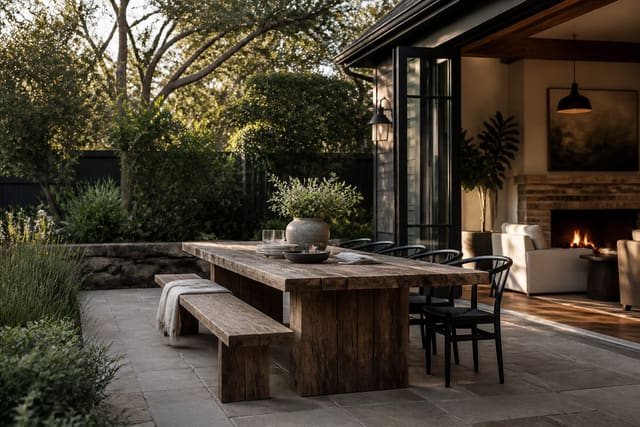 Outdoor Dining Bench Ideas: Long Tables, Benches, and Al Fresco Seating, shown as warm editorial Re-Design photography with believable residential scale, natural light, clear material detail, no overlaid text, no watermark