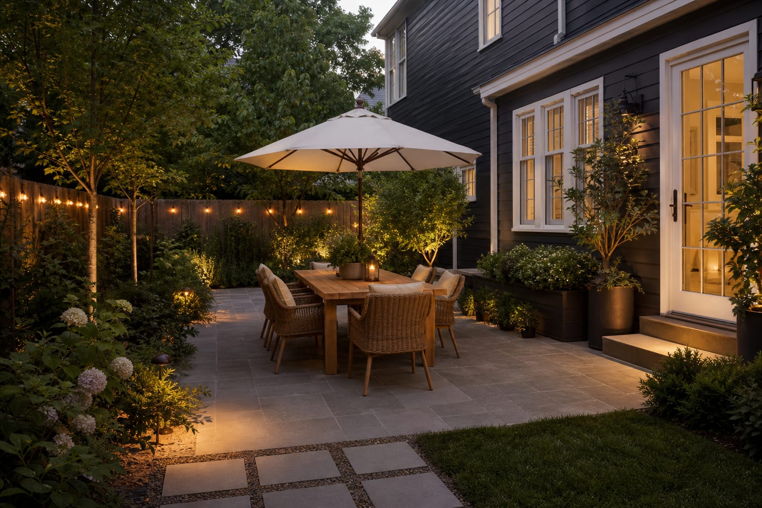 same patio angle with a teak outdoor dining table, woven chairs, umbrella, planters, and enough pullback space around the setting.