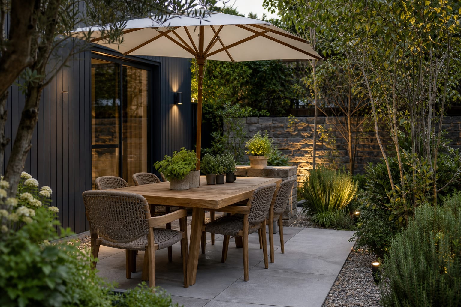 teak patio dining table with woven chairs, umbrella shade, potted herbs, and gravel-edged planting around a compact outdoor dining area