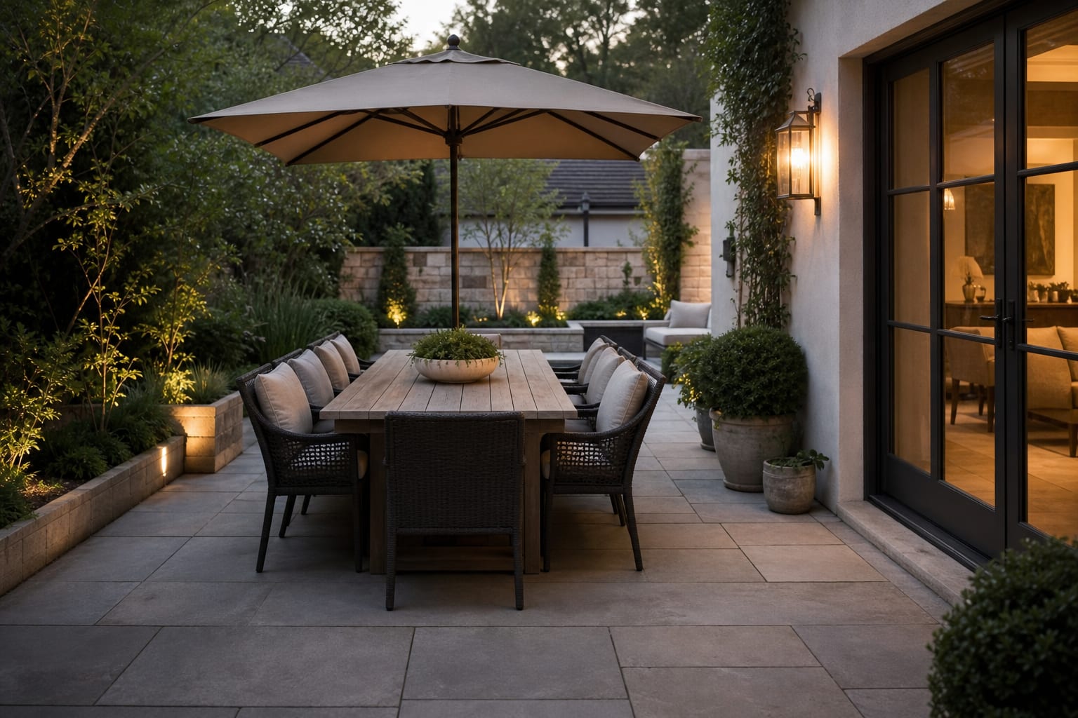 rectangular outdoor dining table measured with chair pullback clearance, umbrella position, and walking path around a patio door