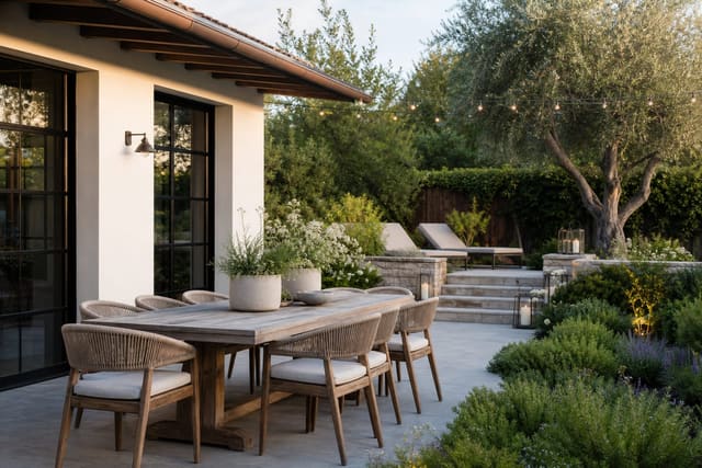 Outdoor Dining Table Ideas: Size, Material, and Style for Al Fresco Eating shown as a photorealistic outdoor redesign with layered materials, planting, lighting, and clear circulation