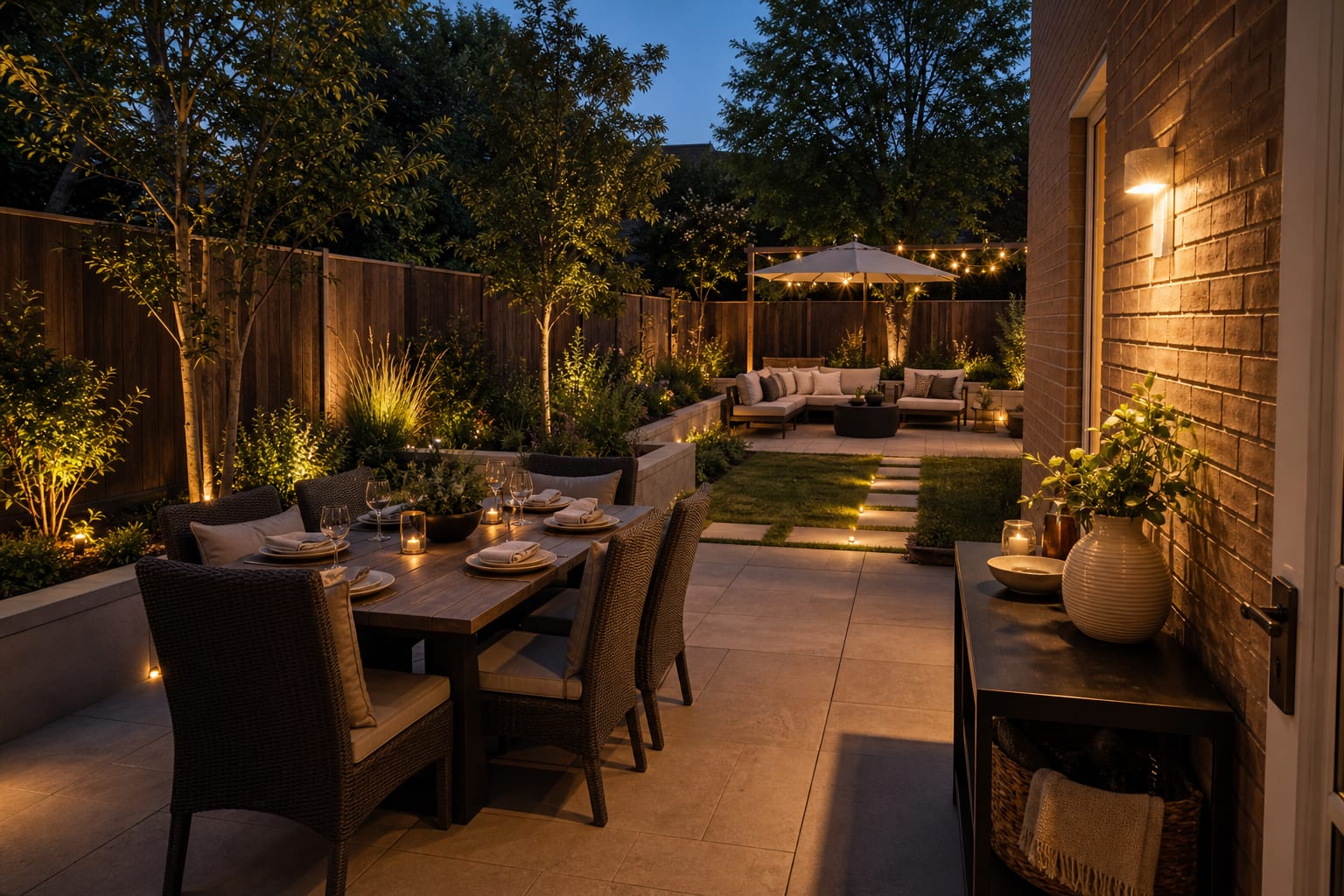 same backyard redesigned for entertaining with a dining table, shaded lounge chairs, serving station, planter borders, and warm evening lighting.