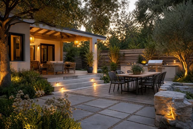 Outdoor Entertaining Area Ideas: The Backyard Setup for Hosting shown as a photorealistic outdoor redesign with layered materials, planting, lighting, and clear circulation