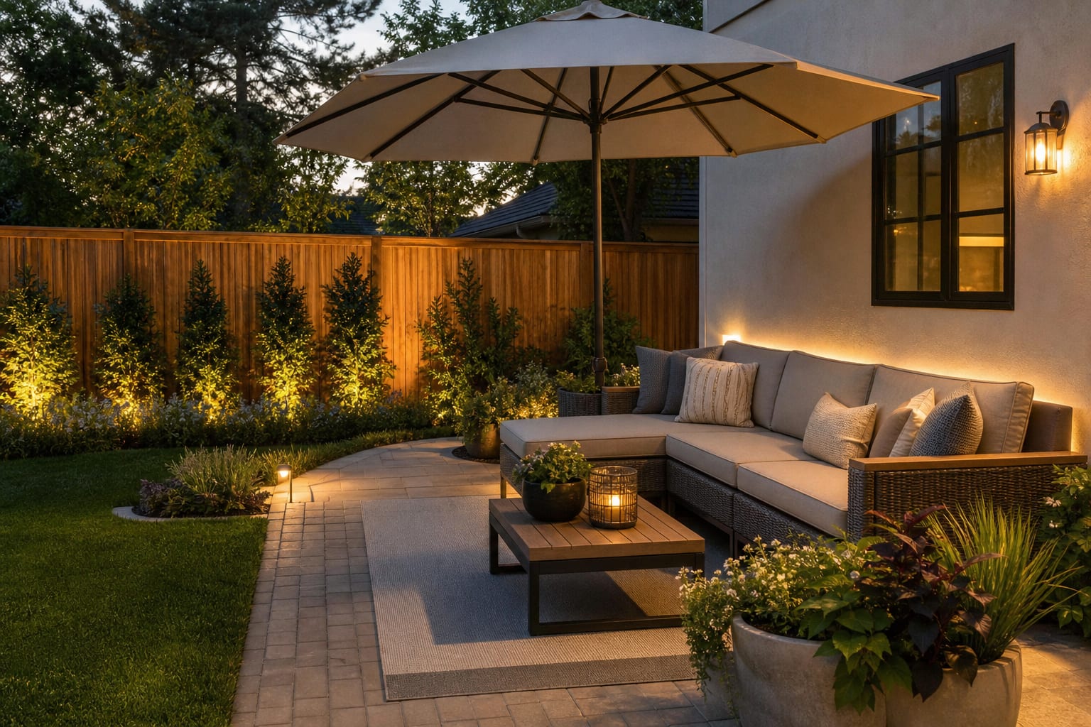 same patio sofa with tailored solution-dyed acrylic cushions, quick-dry foam, a vented layout, and coordinated umbrella shade