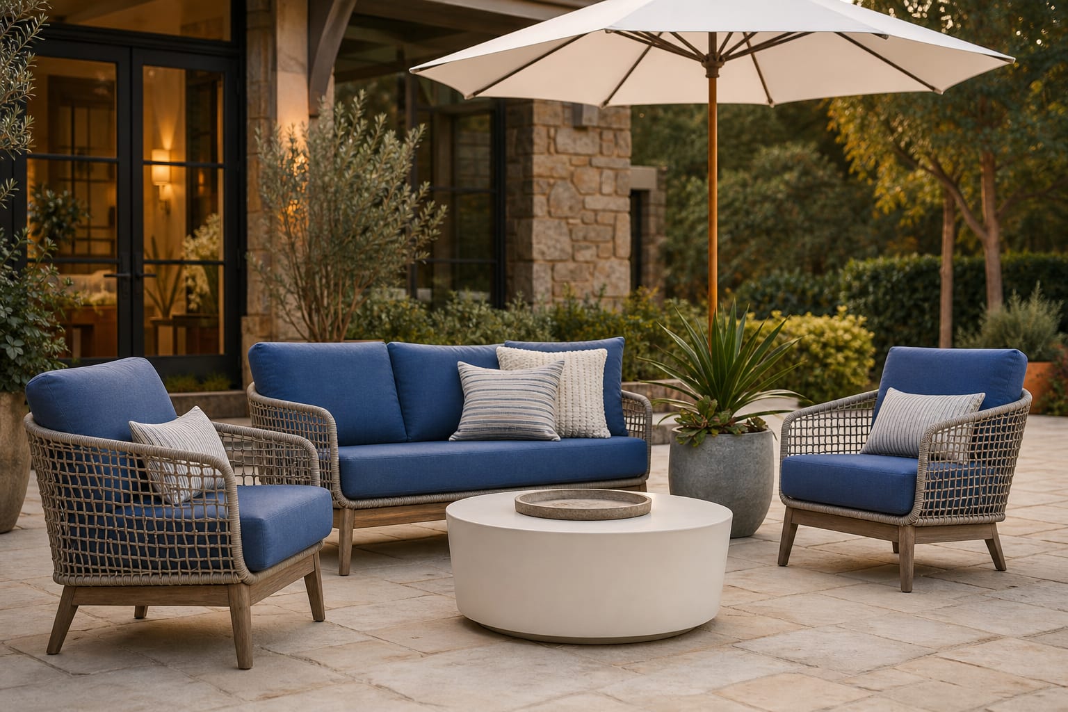 weather-resistant patio cushions in solution-dyed blue acrylic with open-weave chairs, umbrella shade, and quick-dry inserts