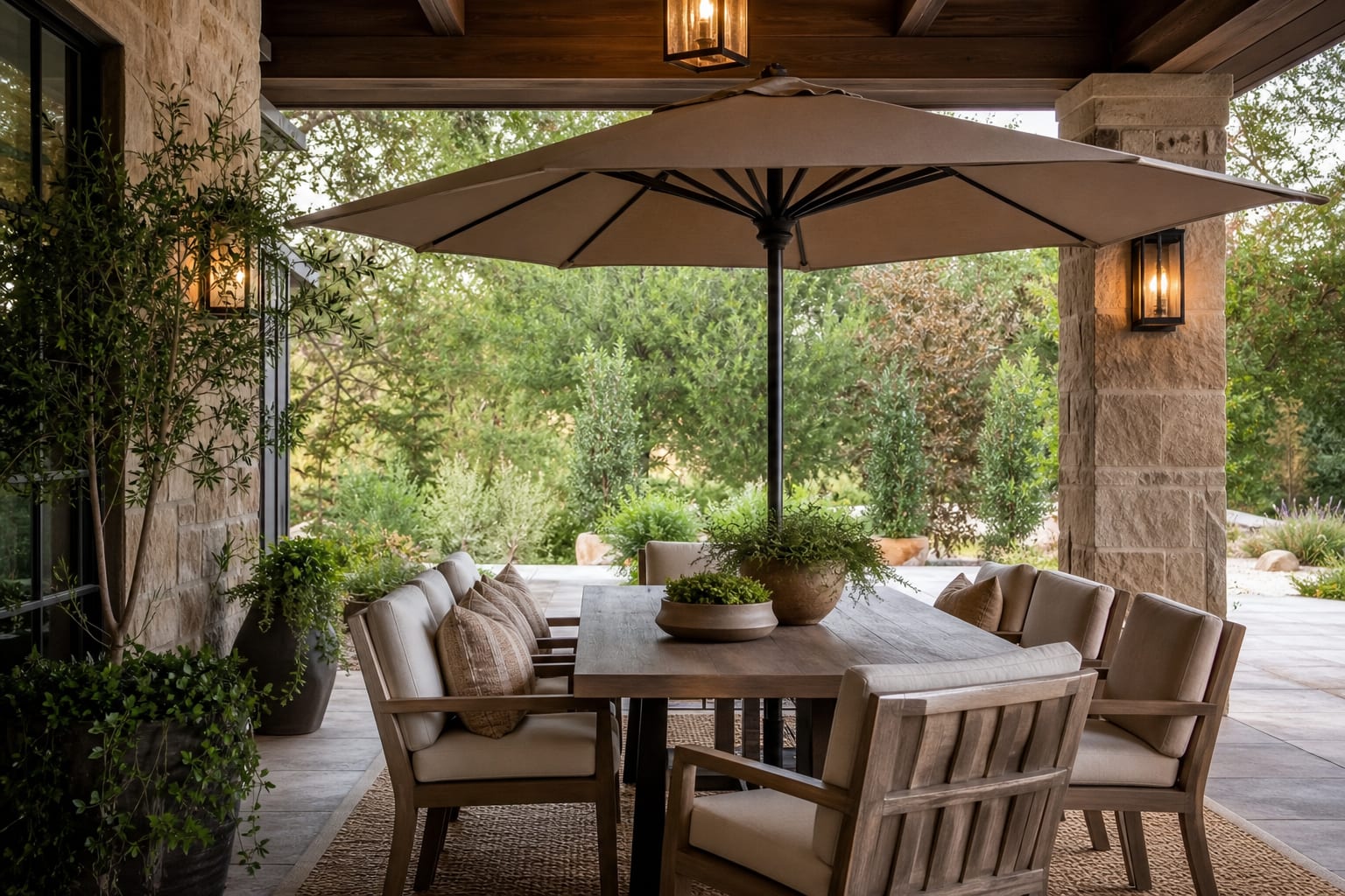 covered patio dining set with olefin seat pads, a nine foot umbrella, and warm neutral pillows that hide dust and pollen