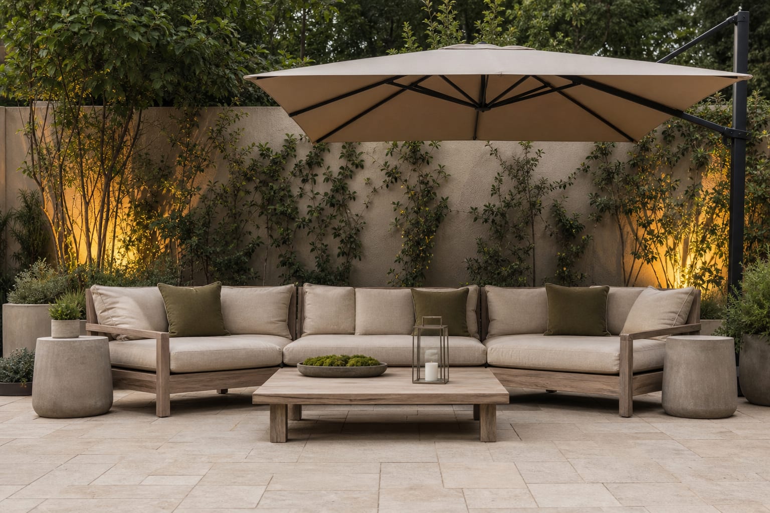 AI patio preview comparing sand acrylic cushions, olive olefin pillows, and a larger umbrella over the same outdoor sofa