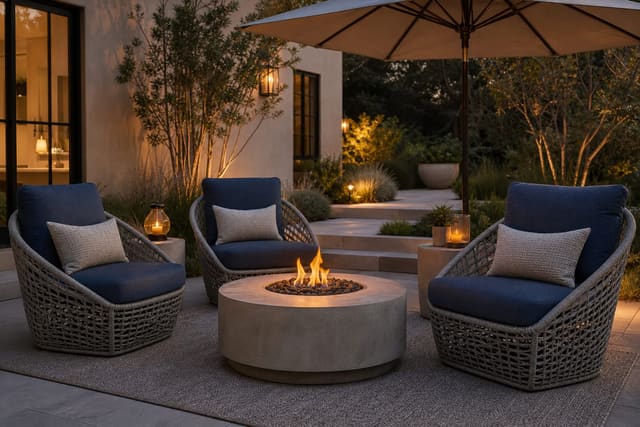 weather-resistant patio cushions in solution-dyed blue acrylic with open-weave chairs, umbrella shade, and quick-dry inserts
