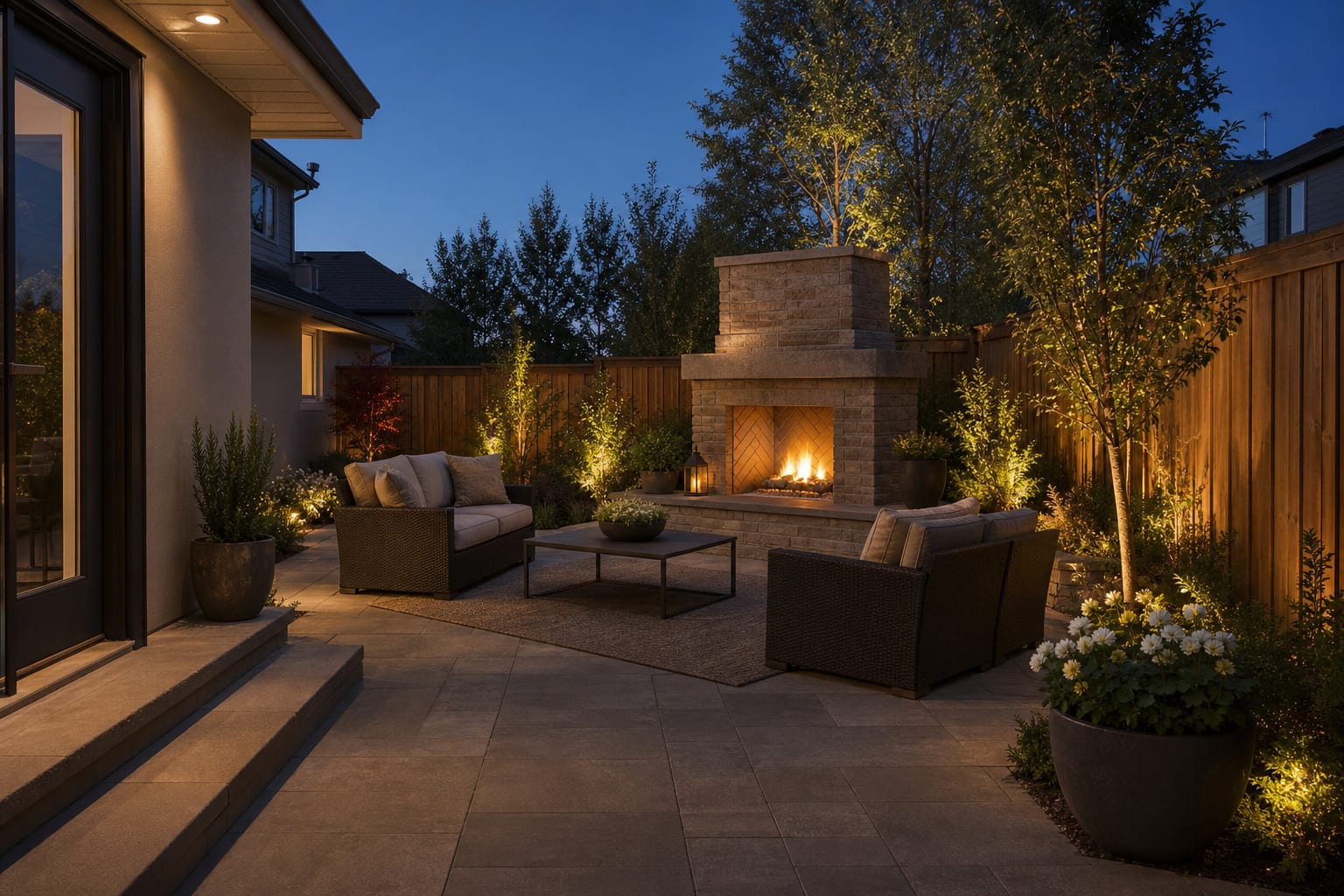 same patio redesigned with a stone outdoor fireplace, gas firebox, layered lounge seating, warm lighting, and planted edges