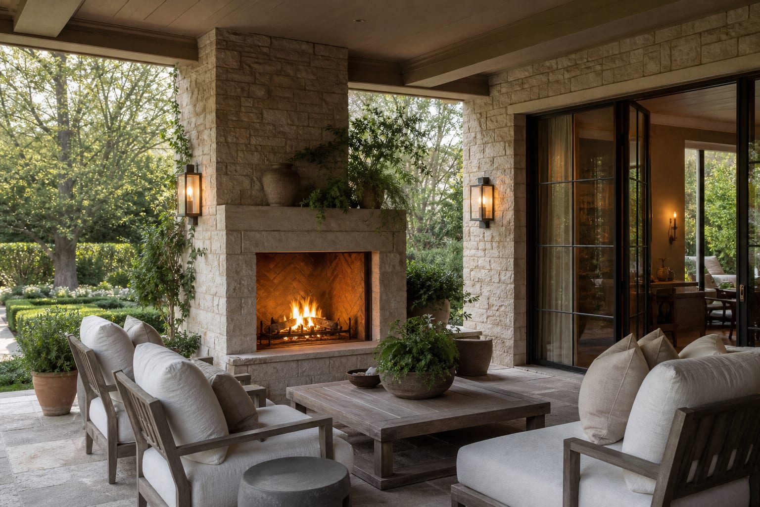 covered patio with a stone outdoor fireplace, deep lounge chairs, warm sconces, and clear circulation to the house