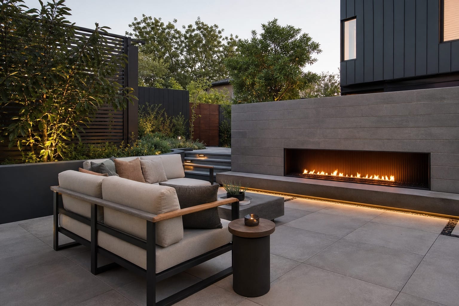 modern backyard patio with a linear gas outdoor fireplace, concrete pavers, low lounge furniture, and restrained planting