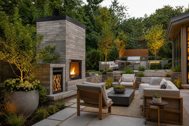 Outdoor Fireplace Ideas: Masonry, Steel, and Gas Options shown as a photorealistic outdoor redesign with layered materials, planting, lighting, and clear circulation