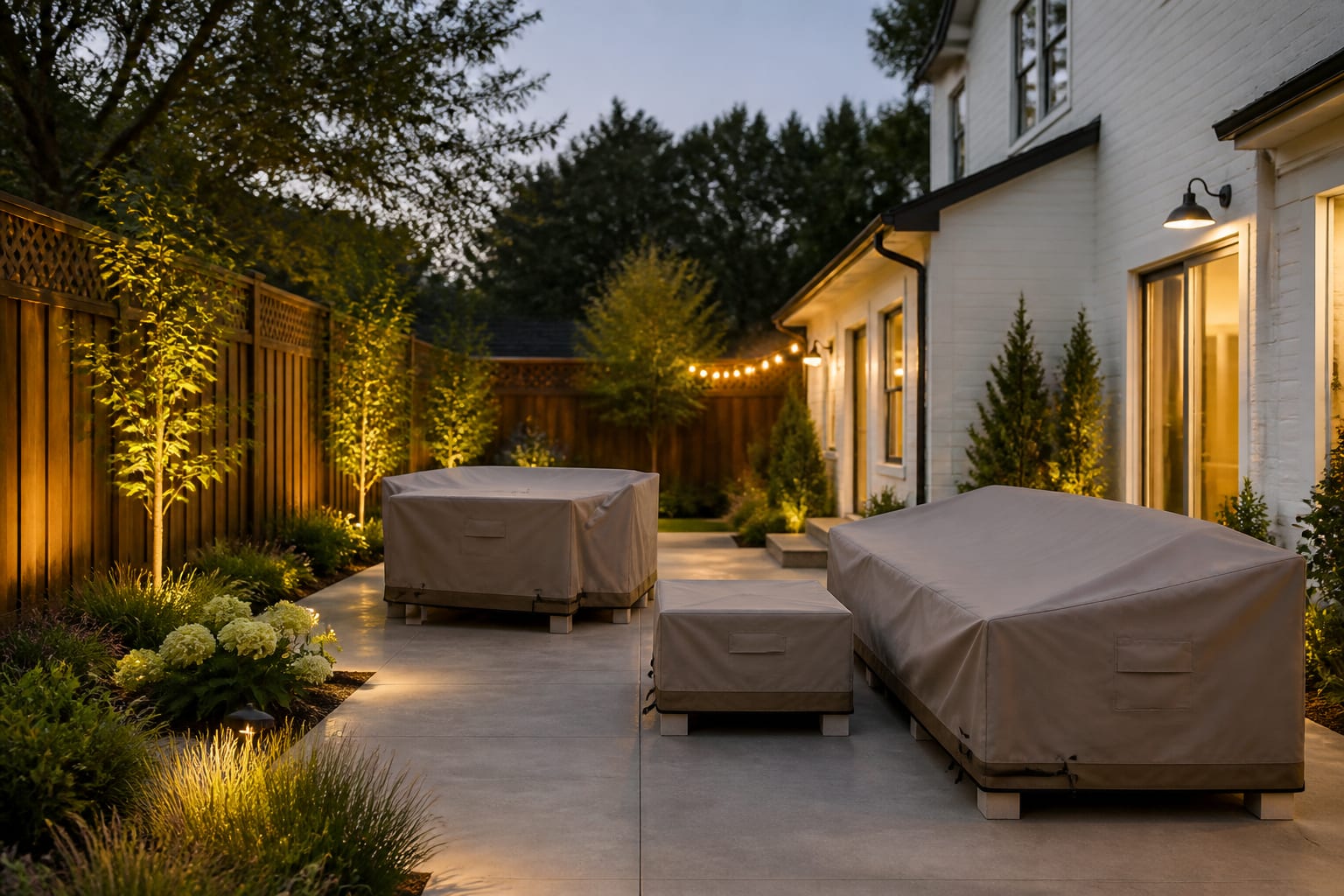 Same patio with cushions stored, heavy pieces under breathable covers and raised off the ground after redesign