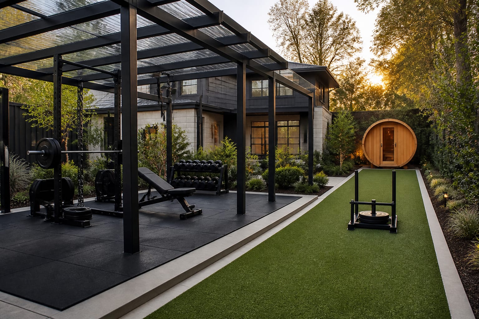 Same backyard transformed: covered pergola gym with rubber tile pad, pull-up rig, bumper plates, and adjacent turf sled lane