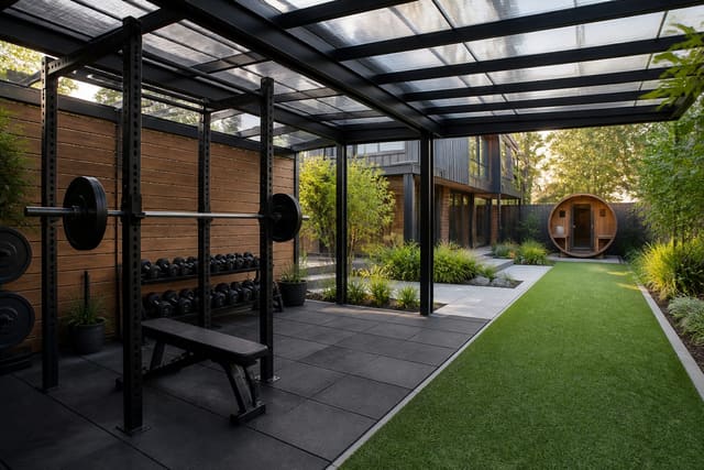 Covered pergola outdoor gym with black rubber tile flooring, steel pull-up rig, bumper plates, and an adjacent turf sled lane in a modern backyard
