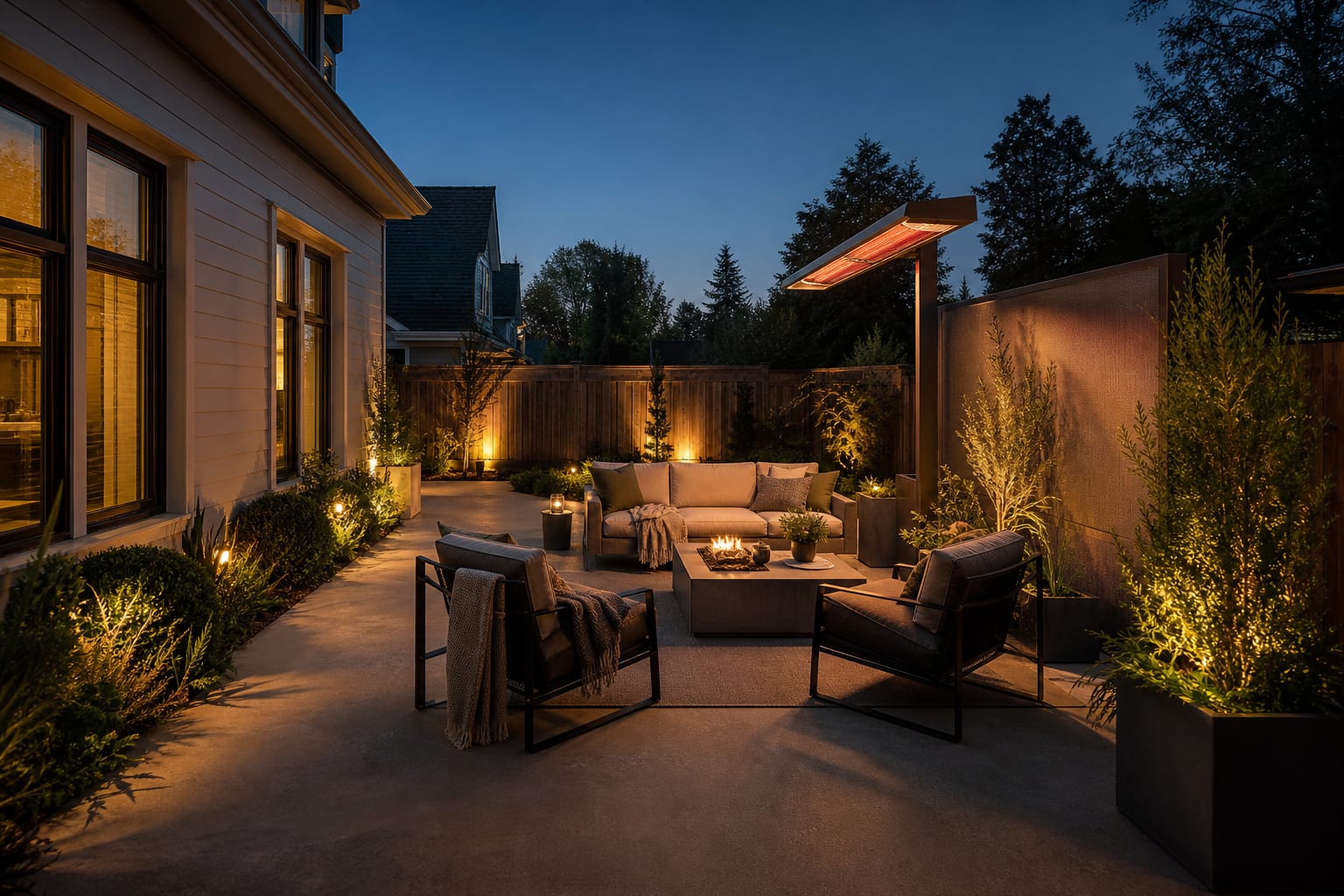 same patio with grouped lounge chairs, slim infrared heater, wind screen, planters, side tables, and warm evening lighting