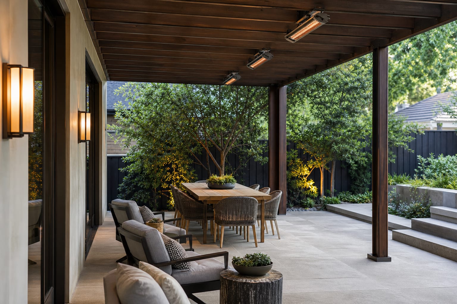 covered patio with lounge chairs, ceiling-mounted infrared heaters, warm sconces, and clear walking paths around a dining table