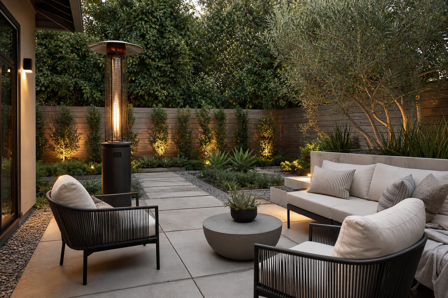 open patio lounge with a freestanding propane heater, compact sofa, gravel planters, and a clear path behind the chairs