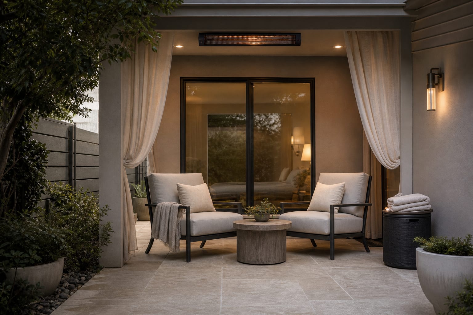 small covered patio with wall-mounted infrared heater, outdoor curtains, cushioned chairs, and a side table for blankets