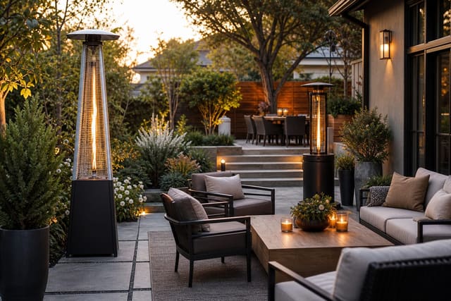 Outdoor Patio Heater Ideas: Patio Warmth Options Compared shown as a photorealistic outdoor redesign with layered materials, planting, lighting, and clear circulation