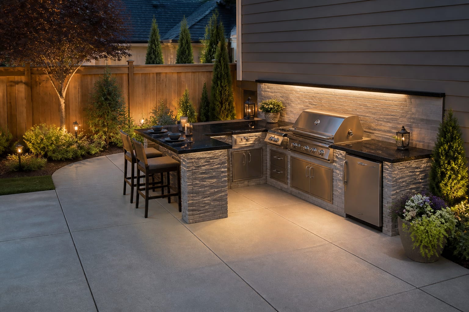 The same corner with a finished built-in outdoor kitchen island