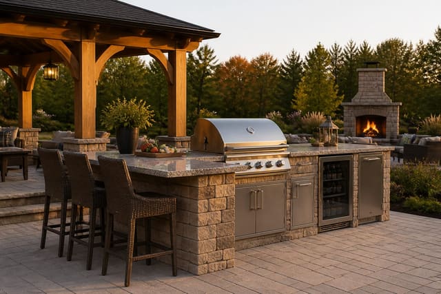 Outdoor Kitchen Cost: Price Tiers and What Drives Them, shown as warm editorial outdoor Re-Design photography with believable residential scale