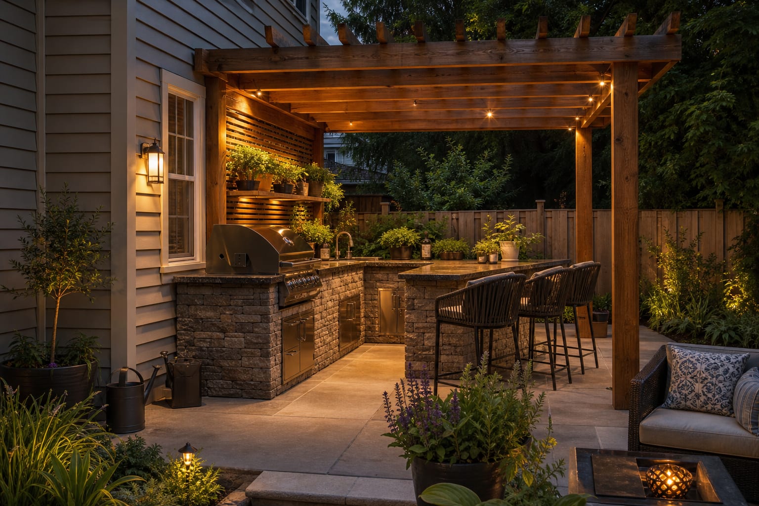 Same patio angle with a built in outdoor kitchen, granite counter, stone base, shaded prep zone, stools, herbs, and warm task lighting.