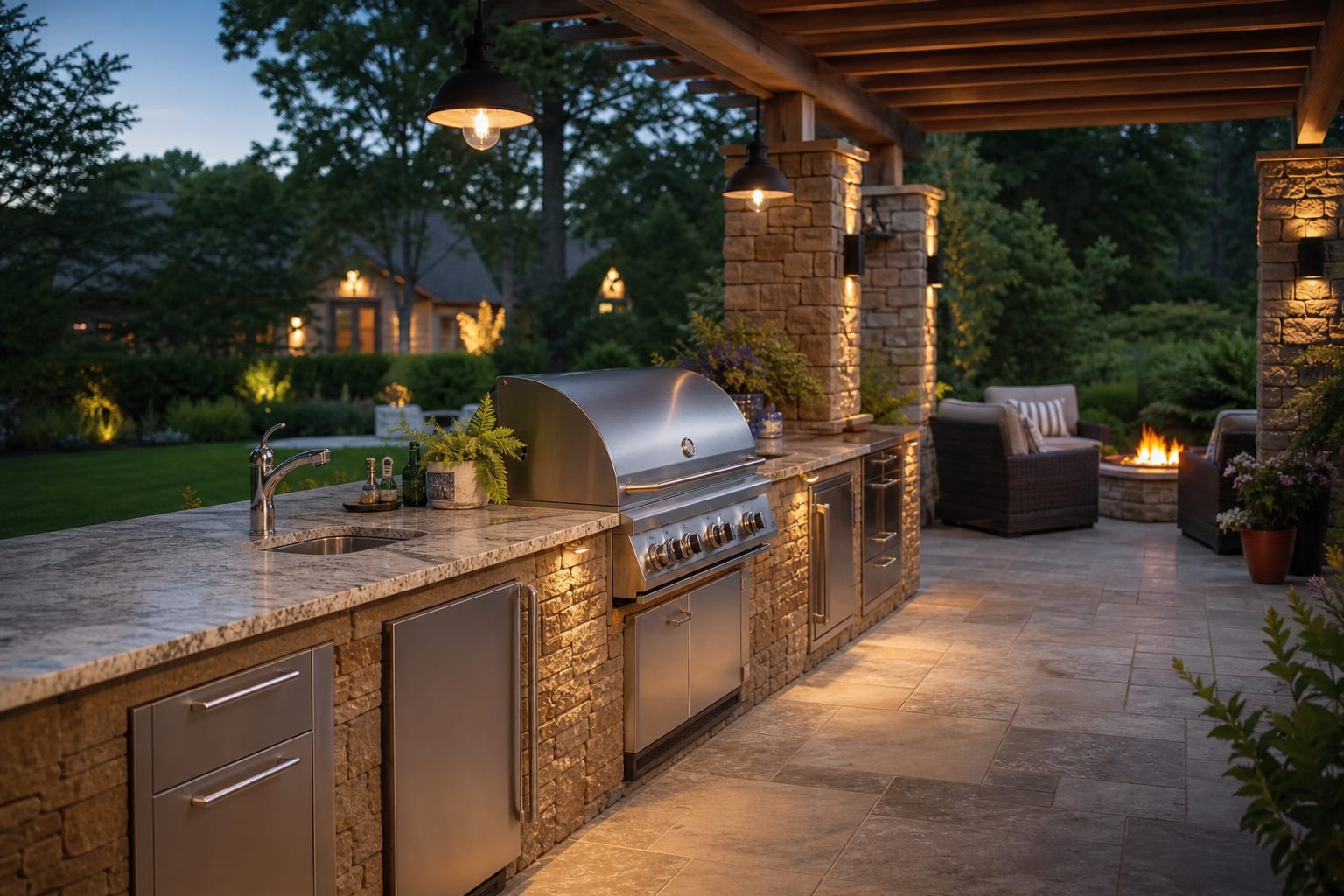 outdoor kitchen with granite counter, built in grill, stone base, clear prep zone, and shaded patio seating
