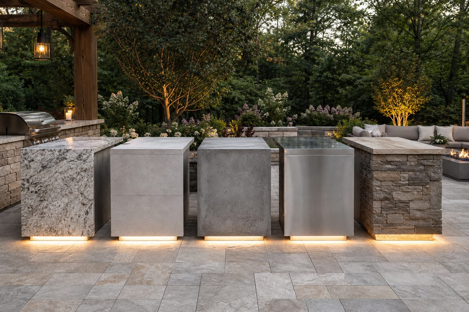 outdoor counter material samples on patio paving with granite, porcelain, concrete, stainless steel, and stone base finishes