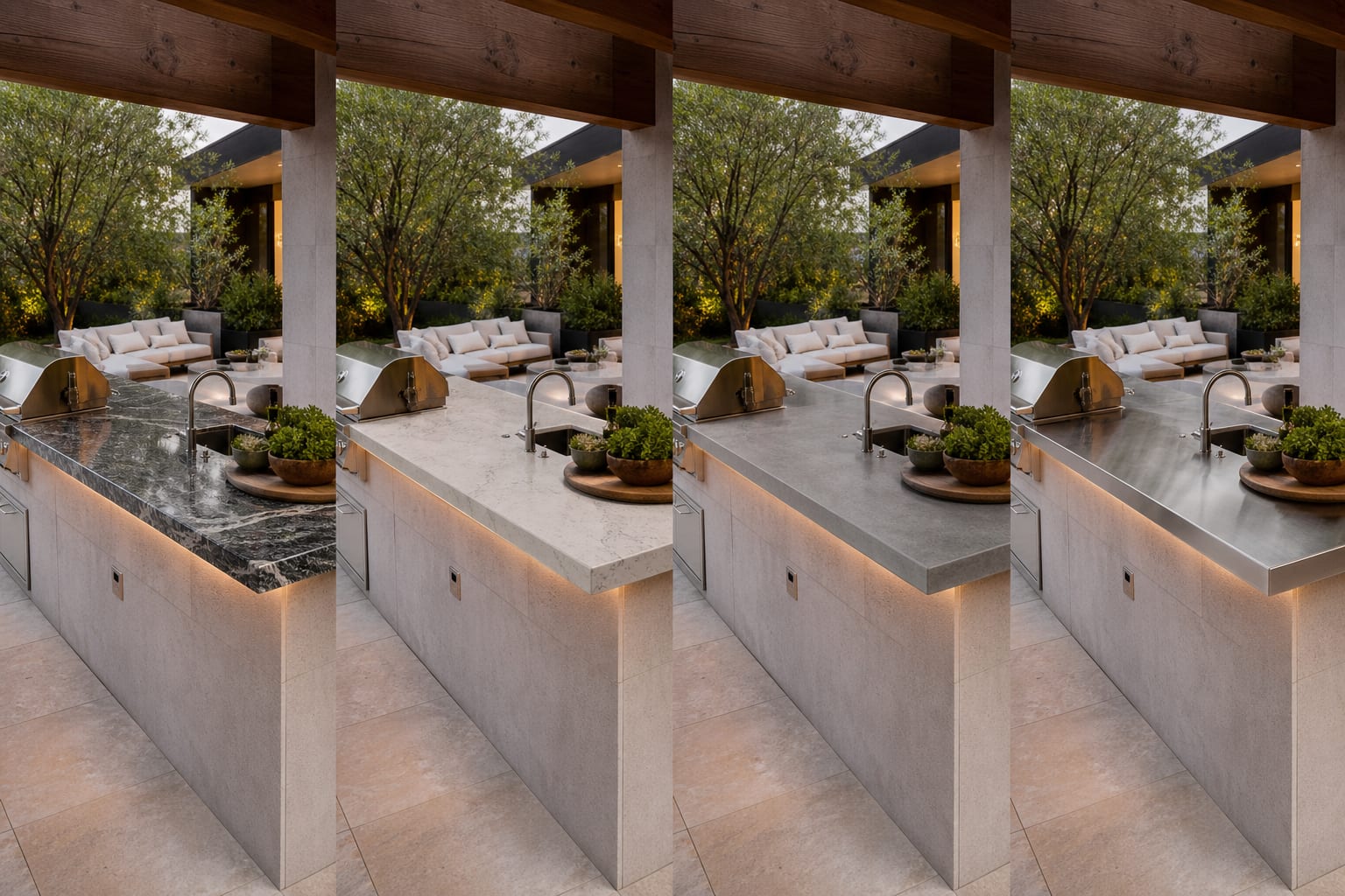 AI patio design preview comparing granite, porcelain, concrete, and stainless counters on the same outdoor kitchen layout