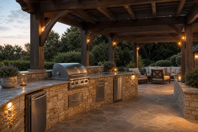 outdoor kitchen with granite counter, built in grill, stone base, clear prep zone, and shaded patio seating