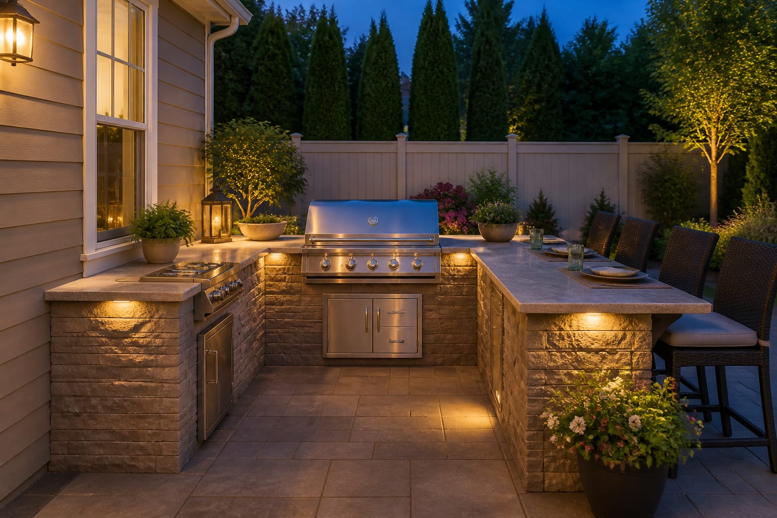 Same patio corner built into a stone outdoor kitchen island with a built-in gas grill, counters, and seating after redesign
