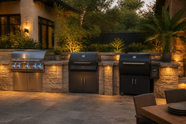 Gas vs Charcoal vs Pellet: Choosing the Grill for Your Outdoor Kitchen, shown as warm editorial Re-Design photography with believable residential scale, natural light, clear material detail, no overlaid text, no watermark