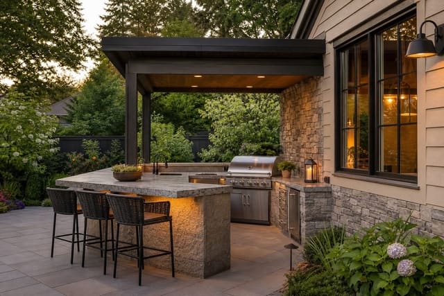 Backyard patio with a built-in grill, stone counters, covered prep zone, stools, and warm task lighting near a house wall.