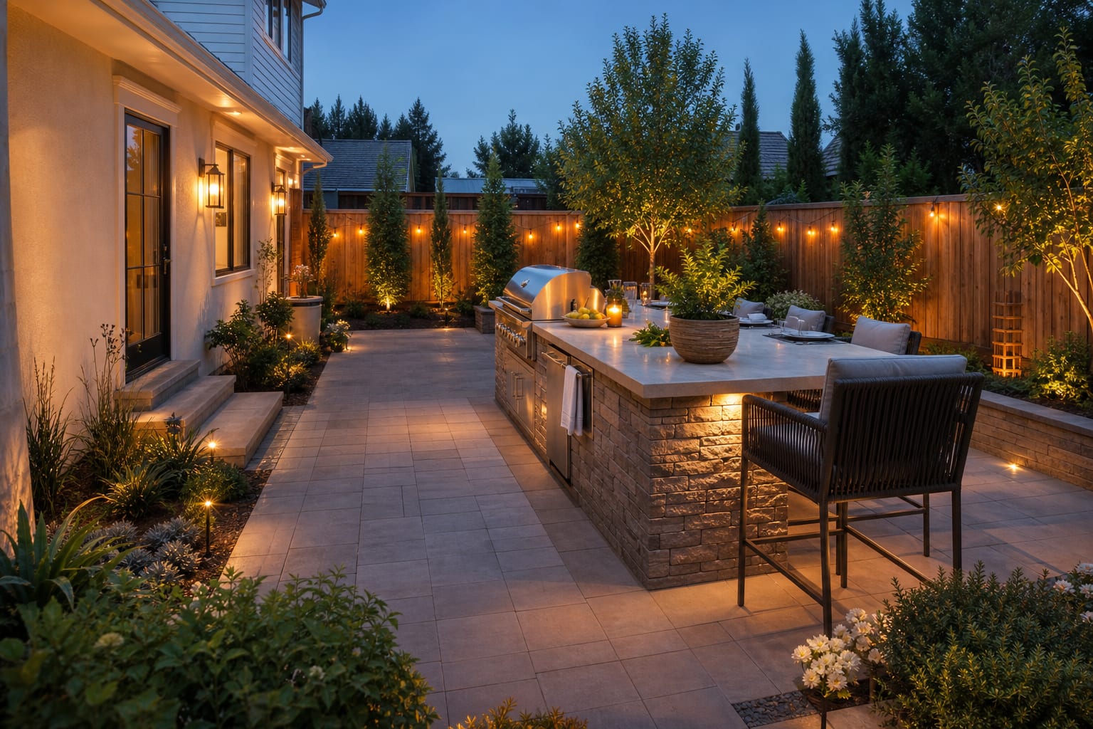 Same patio with a built-in BBQ island, porcelain countertop, stone base, counter stools, task lighting, and clear circulation.