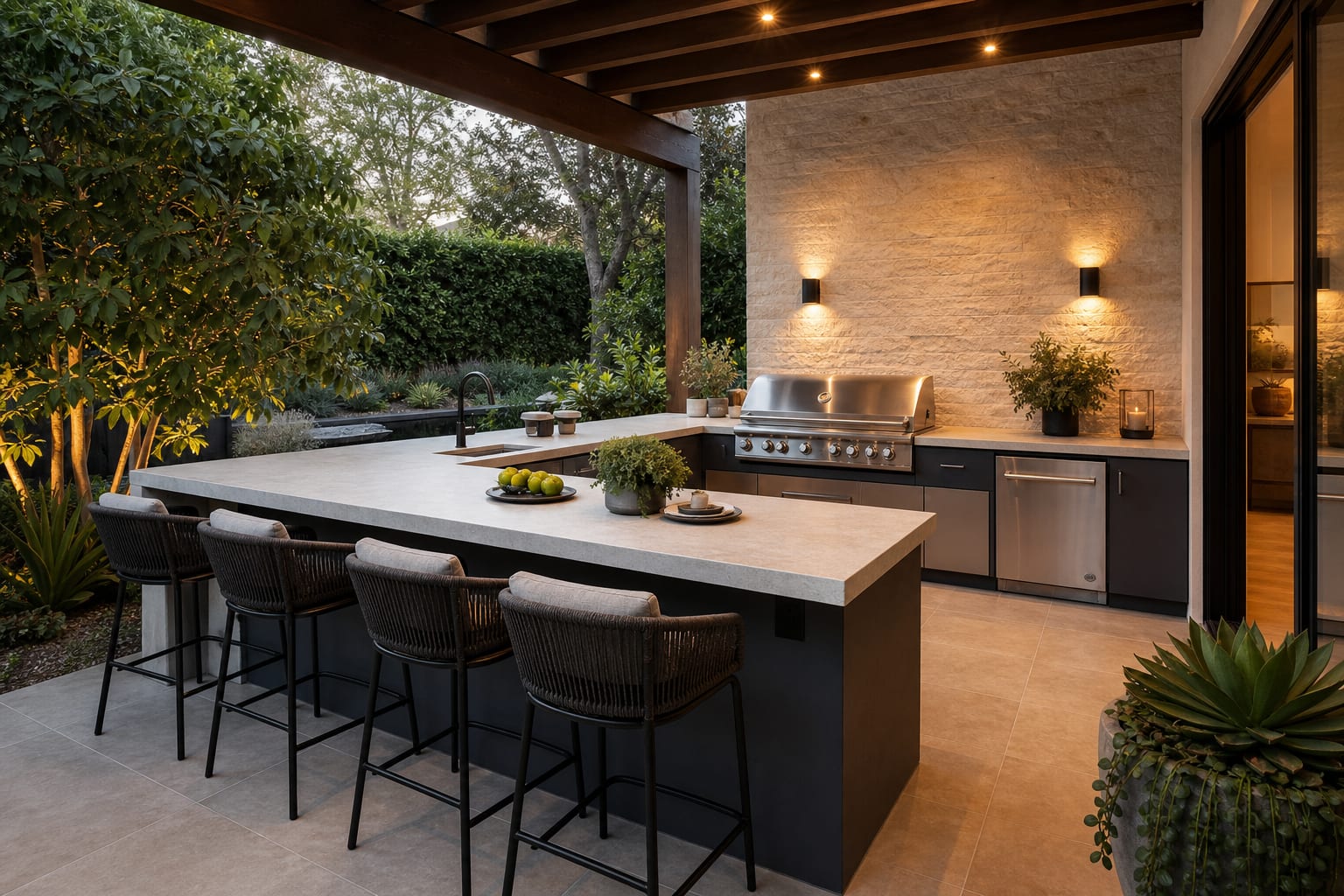 L-shaped outdoor kitchen island with porcelain countertop, built-in grill, counter stools, and warm patio lighting