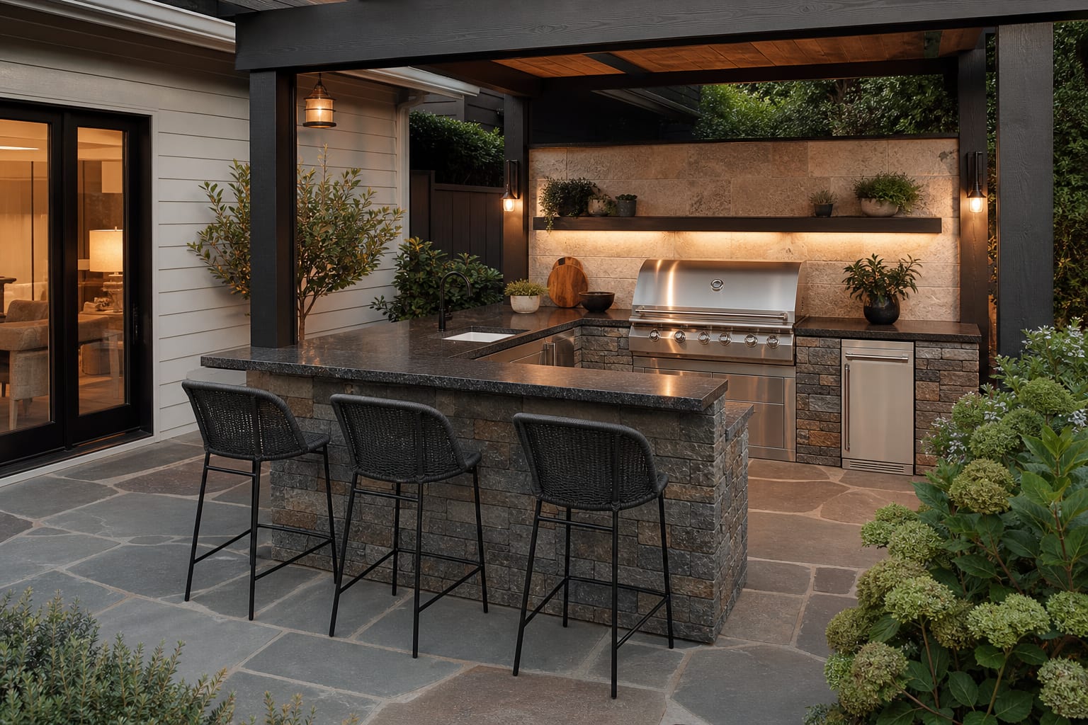 Compact L-shaped BBQ island with counter stools placed outside the cooking lane on a small patio