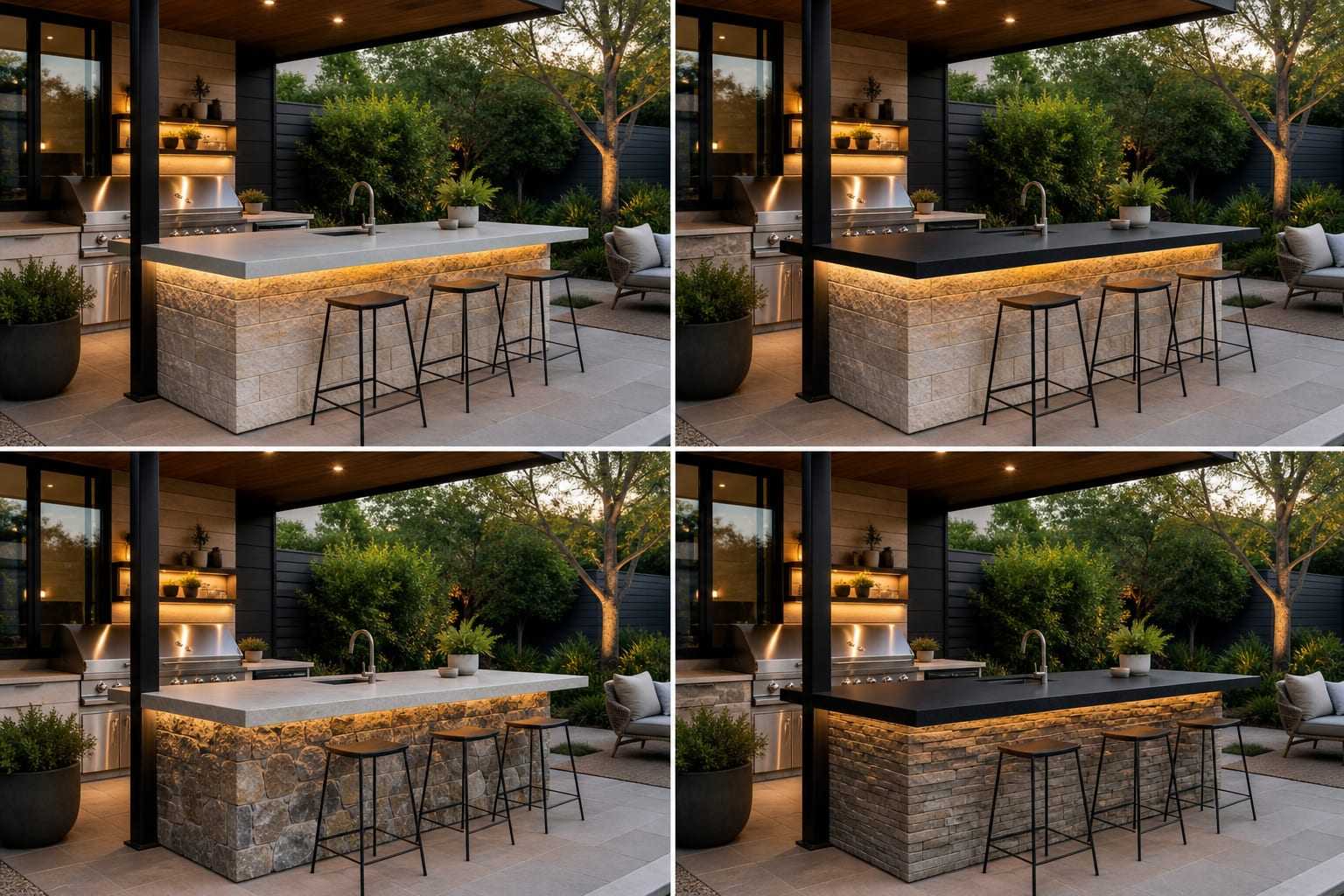 Outdoor kitchen island preview showing alternate countertop and stone base options from the same patio angle