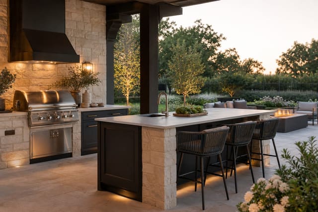 L-shaped outdoor kitchen island with porcelain countertop, built-in grill, counter stools, and warm patio lighting