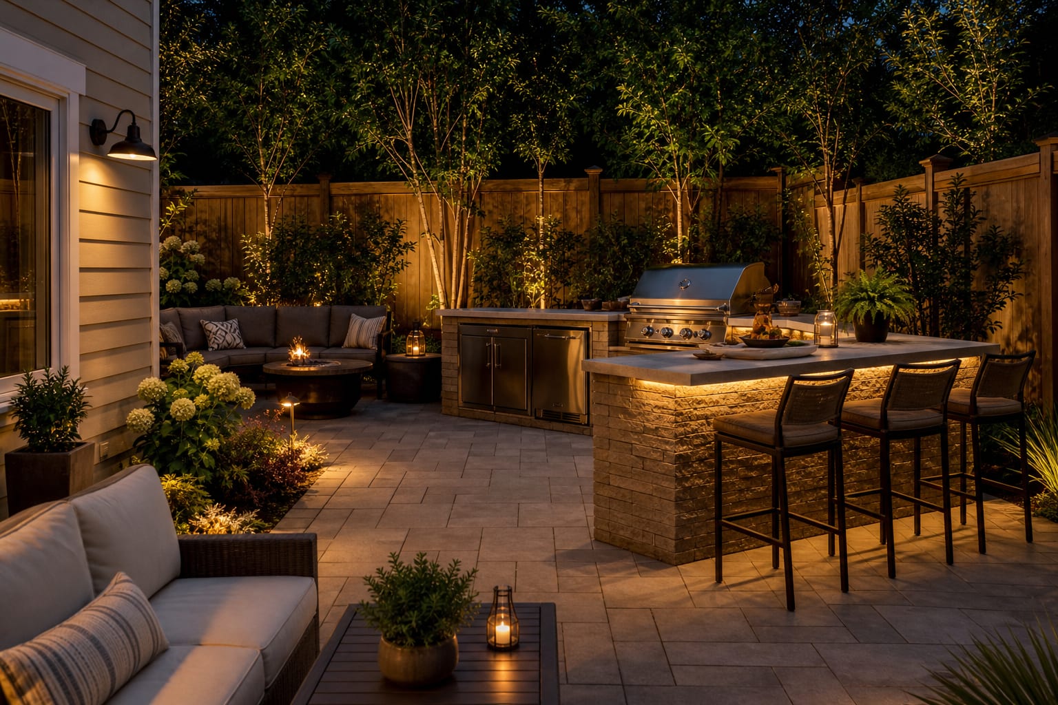 Same patio angle with an L-shaped outdoor kitchen, grill landing space, prep counter, bar stools, warm lighting, and open circulation.