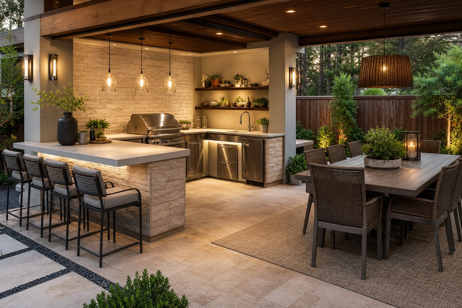 L-shaped outdoor kitchen with grill, sink, prep counter, bar seating, and shaded dining patio arranged with clear walking aisles.